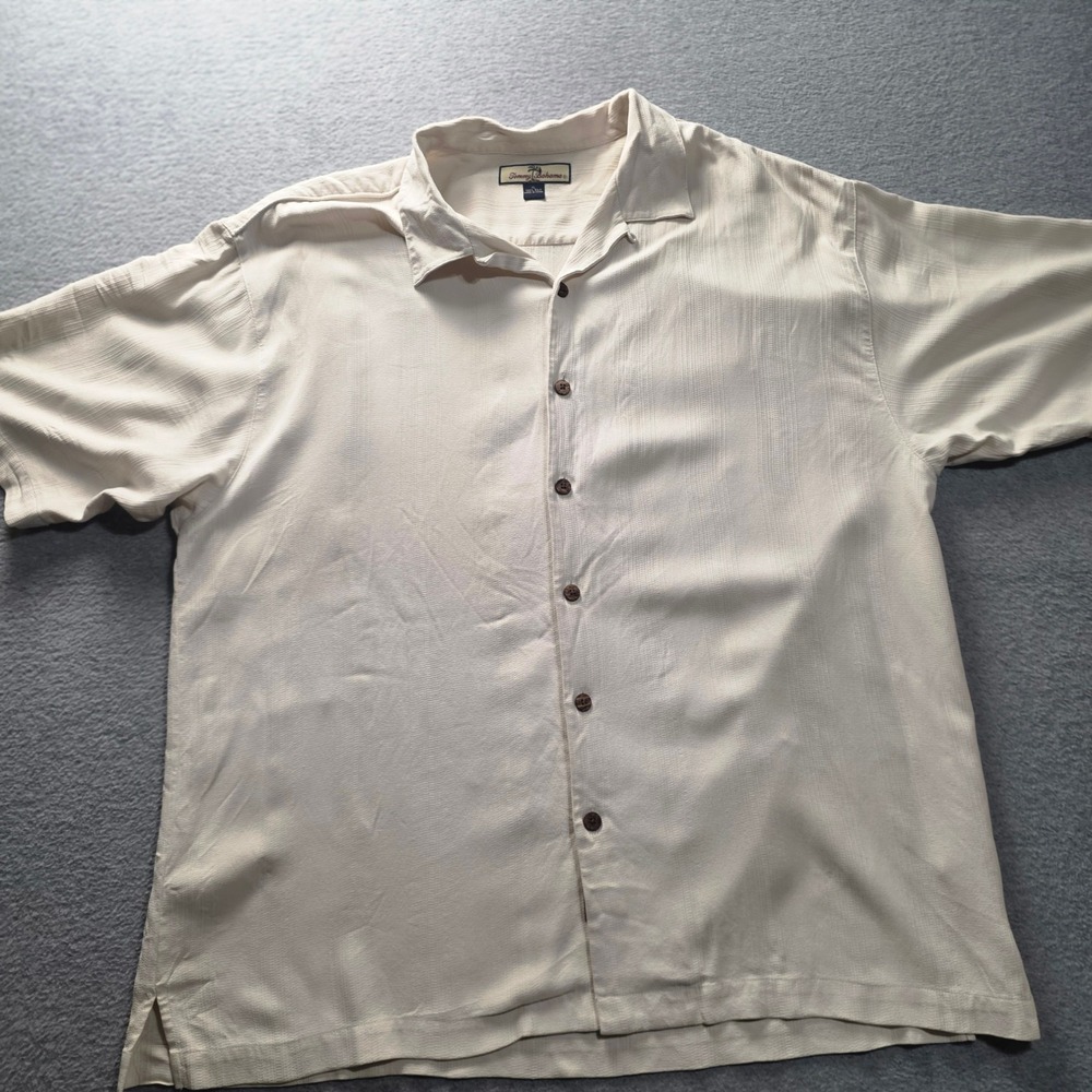 Tommy Bahama Relax Short Sleeve Mens XL 100% Silk Shirt Ivory Button Up Resort